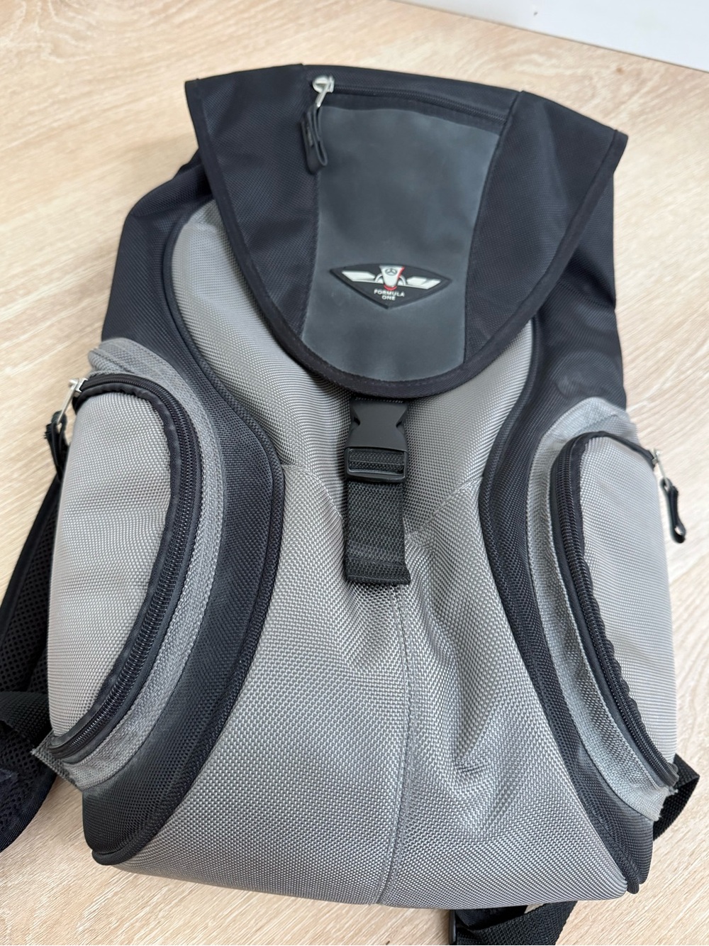 Formula One Mercedes Logo Heavy-Duty Backpack Gray Black Multi Zippered Pockets
